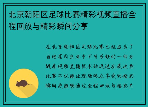 北京朝阳区足球比赛精彩视频直播全程回放与精彩瞬间分享